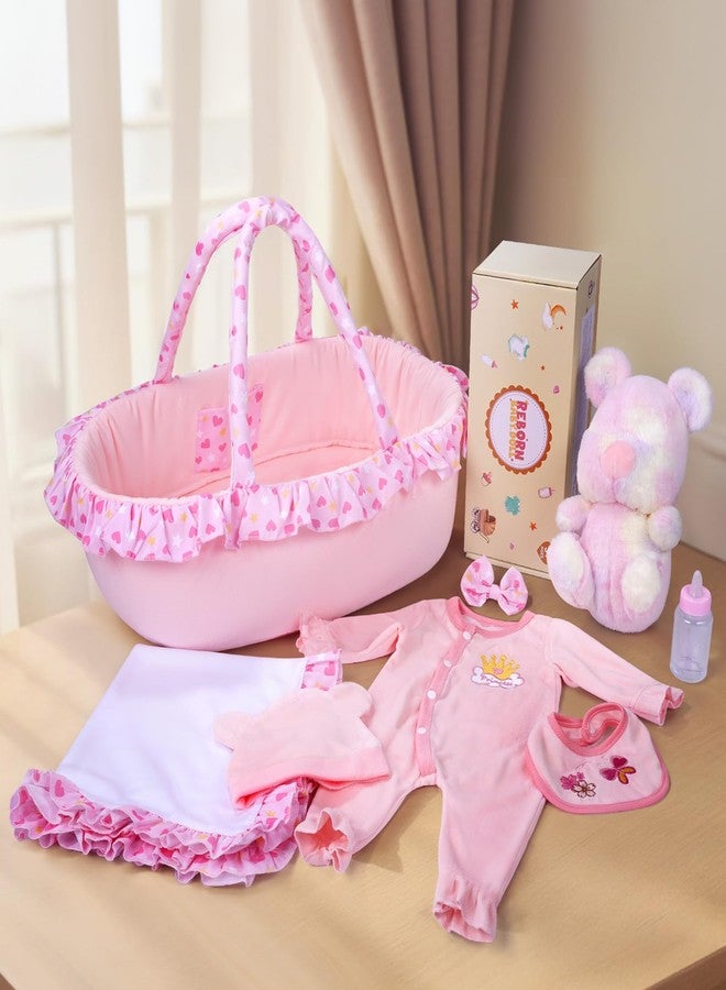 BABESIDE 8 Pcs Reborn Baby Doll Clothes with Bassinet for 17-22 Inch Babydolls, Reborn Baby Doll Accessories and Baby Dolls Clothes fit Newborn Baby Dolls Girl, Pink - Image 1